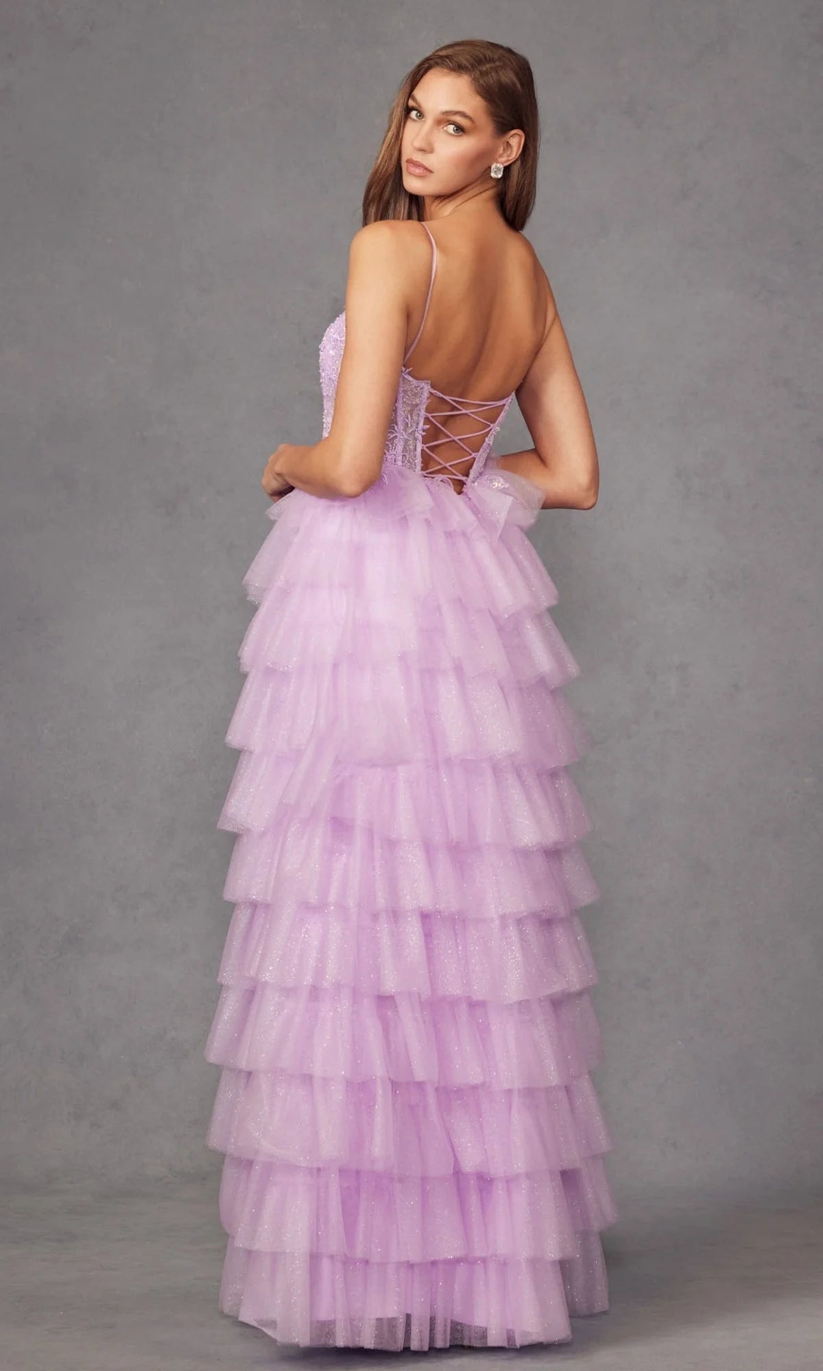 Enchanting Fitted Glamorous Ball Gown Spaghetti Strap Sleeveless Deep V Neck Back Lace-Up Floor-Length Tiered Ruffled Tulle Prom Dresses