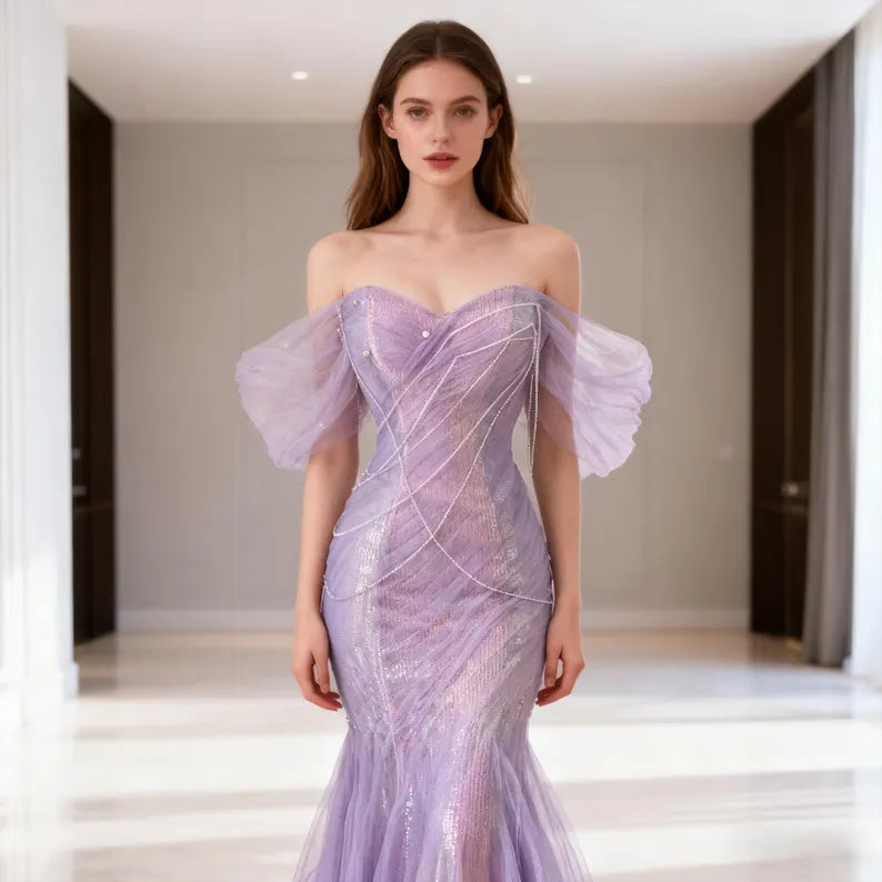 Enchanting Iridescent Evening Dress with Off-the-Shoulder Puff Sleeves and Mermaid Train