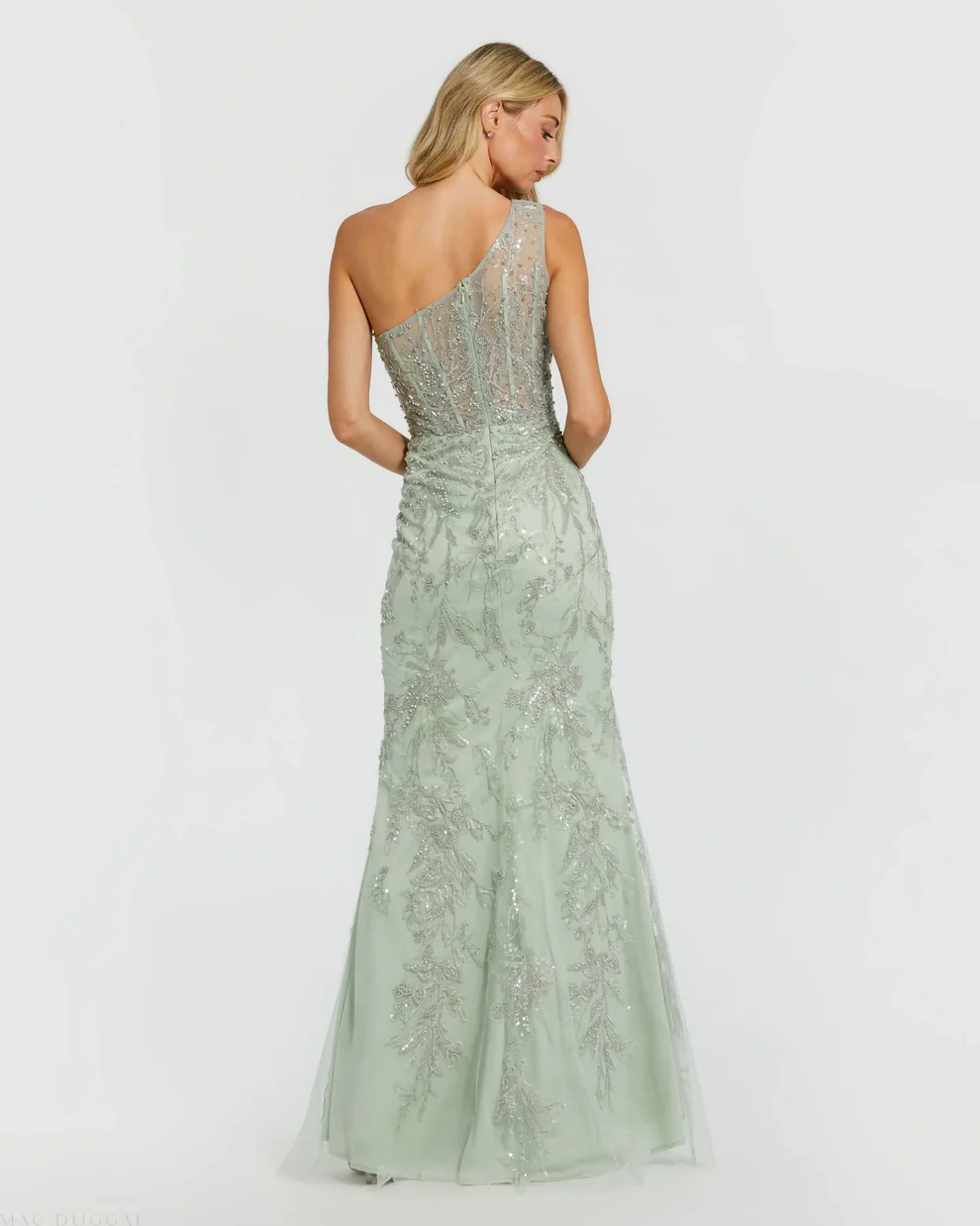 Enchanting One-Shoulder Beaded Floral Embroidered Sheer Bodice Mermaid Evening Gown