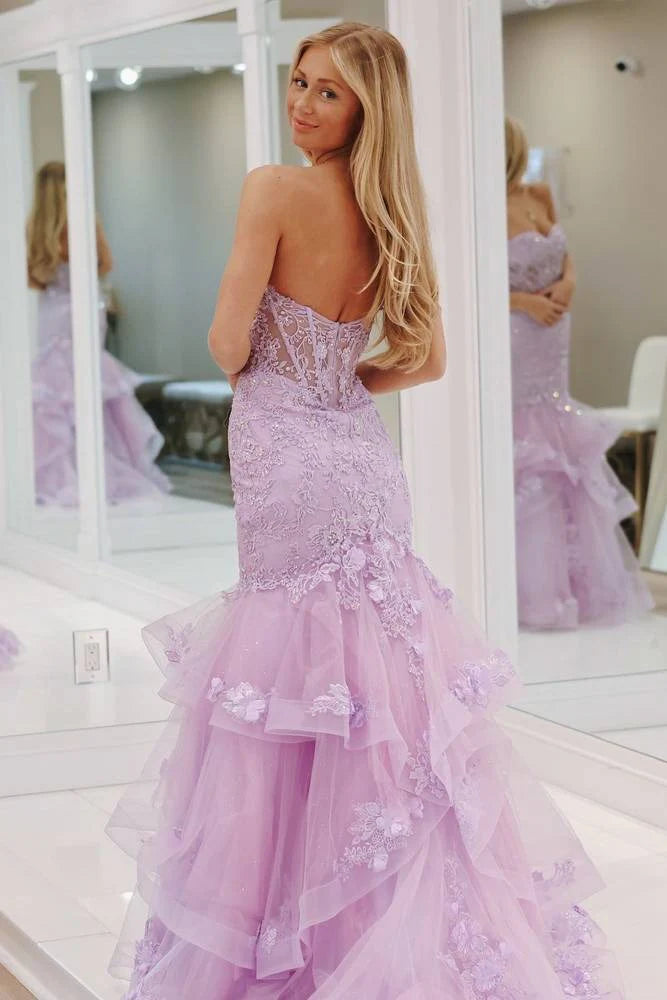 Enchanting Strapless Mermaid Prom Dress with 3D Floral Lace and Tiered Tulle