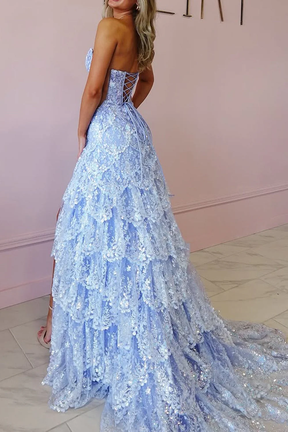 Enchanting Strapless Tiered Tulle Prom Dress with Sequin Lace and Cutout Details