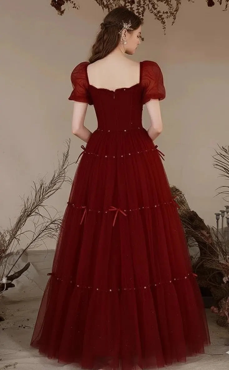 Enchanting Tulle Puff Sleeve Star Beaded Tiered Floor-Length Evening Dress