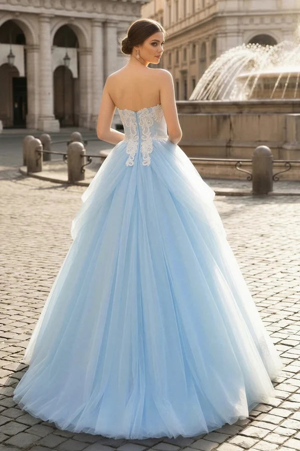Enchanting Light Blue Ball Gown Sweetheart Strapless Lace Panel Back Floor-Length Evening Dresses