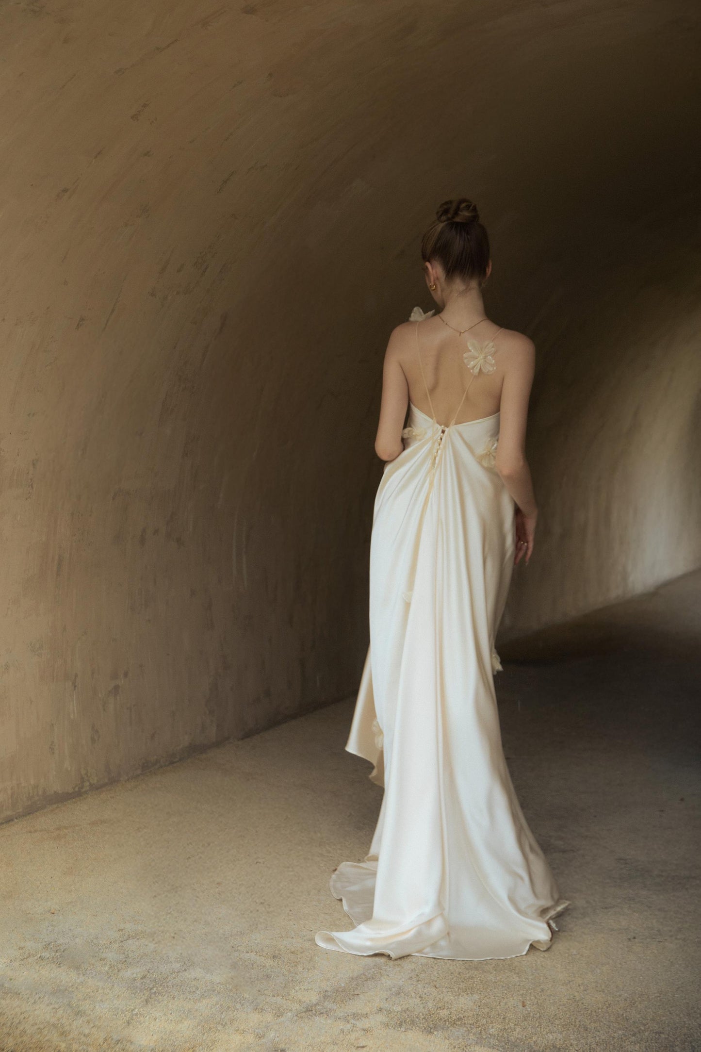 Ethereal Ivory Satin Evening Dress with 3D Floral Appliqués, Spaghetti Straps and Open Back