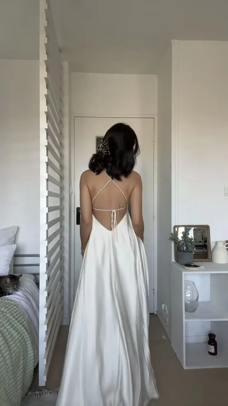 Ethereal Satin A-Line V-Neck Crisscross-Back Floor Length Prom Dress