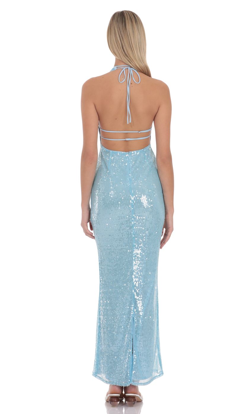 Ethereal Sky Blue Halter Neck Plunge V-neck Sequin Embellished Cutout Tie-back Open Back Bodycon Floor-length Evening Dresses