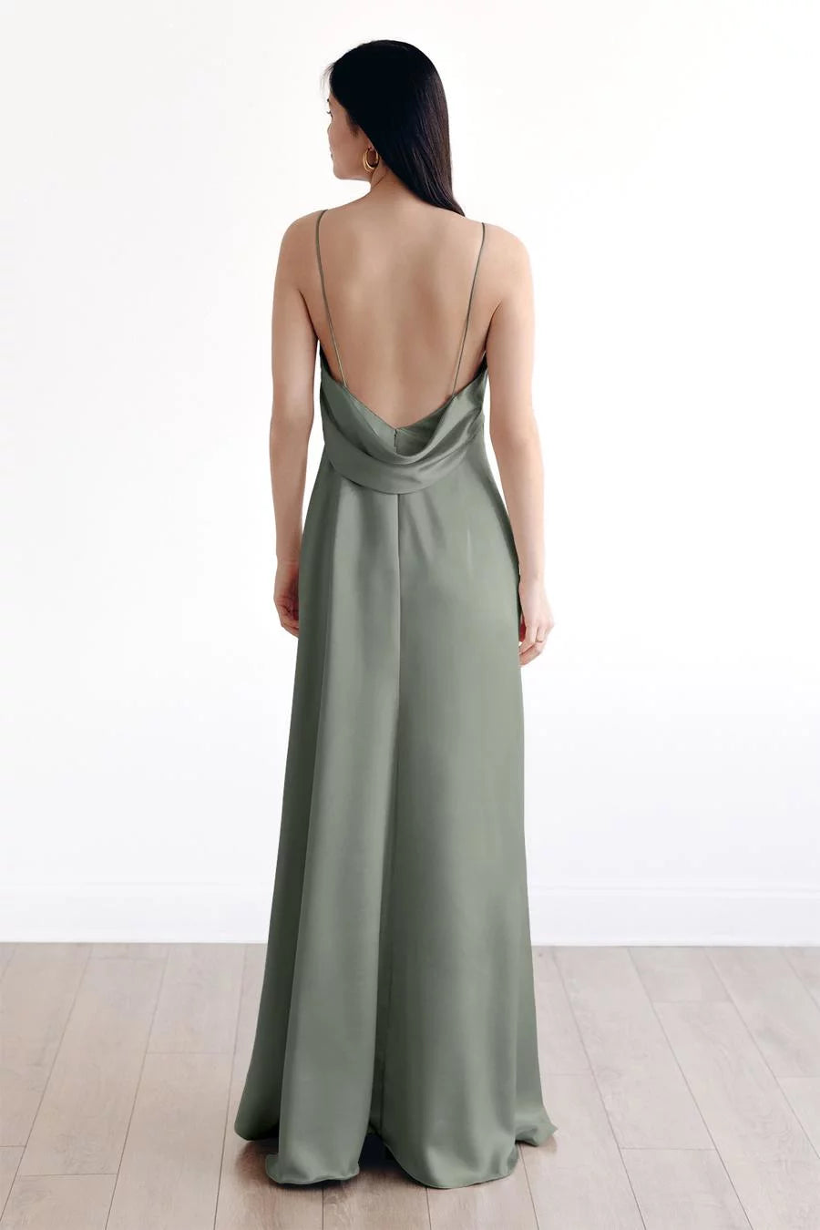 Fashion A-Line V Neck Spaghetti Strap Sleeveless Cowl Back Satin Floor-Length Evening Dress