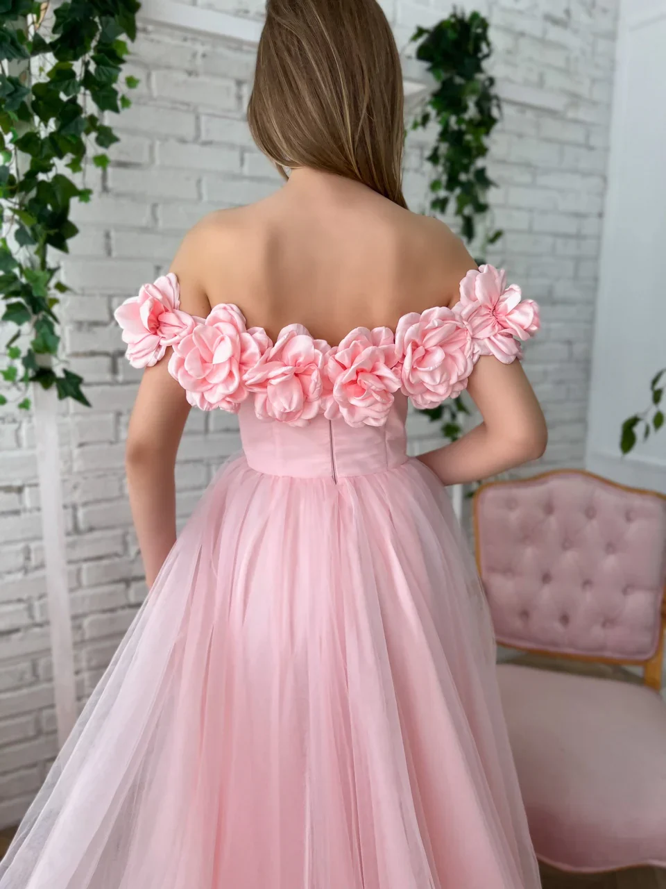 Floral A-Line Off-Shoulder Floor-Length Slit Tulle Prom Dress