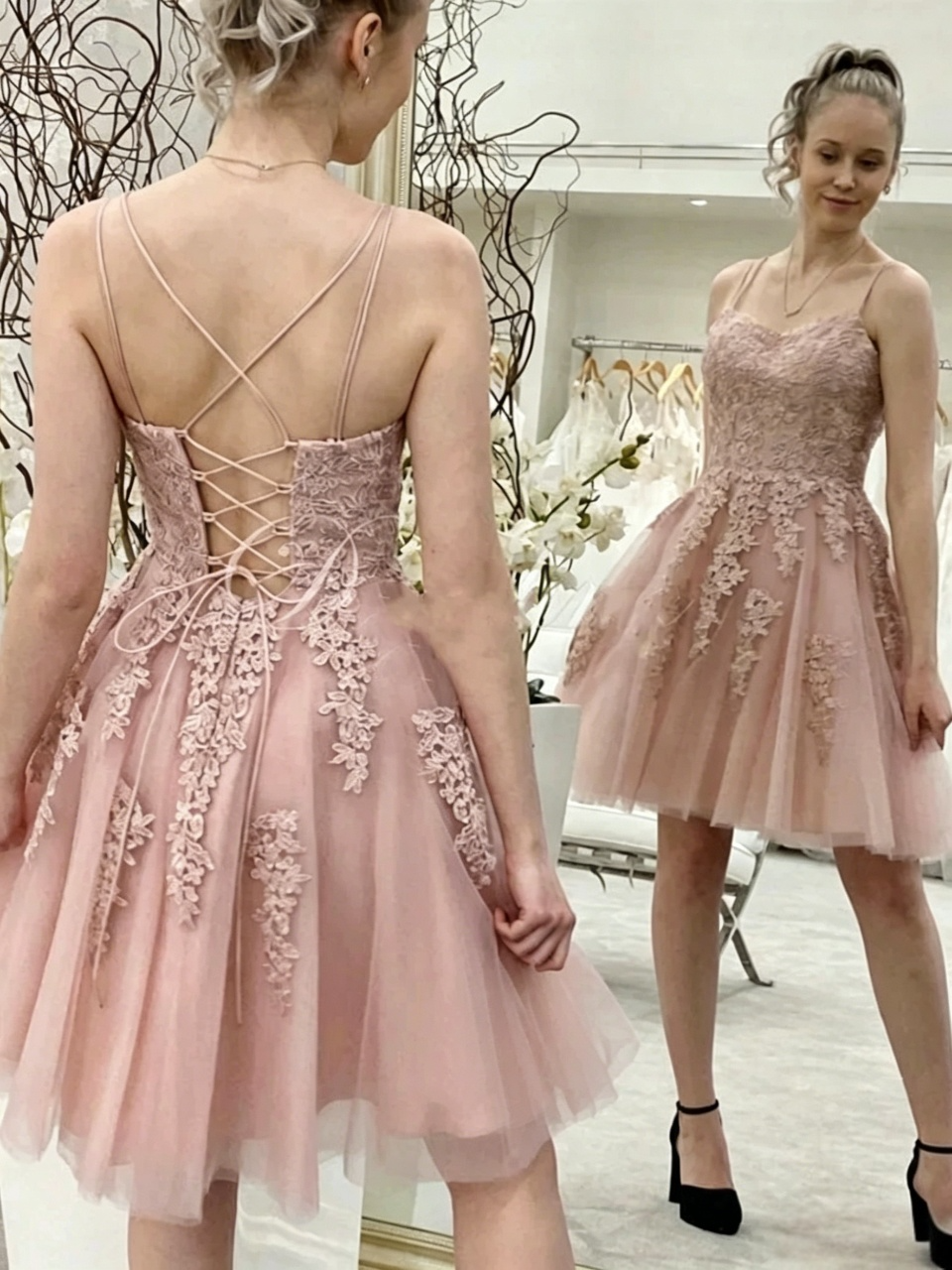 Floral Lace Spaghetti Strap Criss Cross Lace Up Back Flowy Tulle Mini Homecoming Dresses