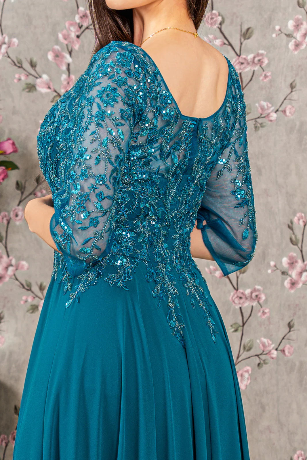 Pearl embroidery 3/4 sleeve chiffon long mother of the bride dress