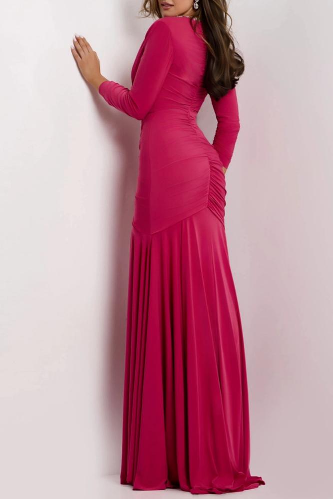 Glam Jersey Mermaid Deep V Neck Long Sleeve Beaded Ruched Formal Evening Dress