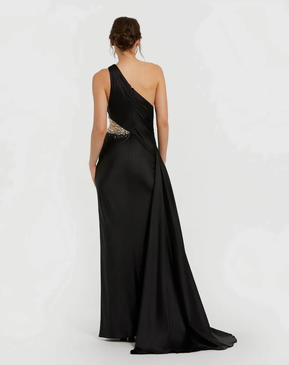 Glam Satin One-Shoulder Crystal-Embellished Cutout Draped Train Evening Gown