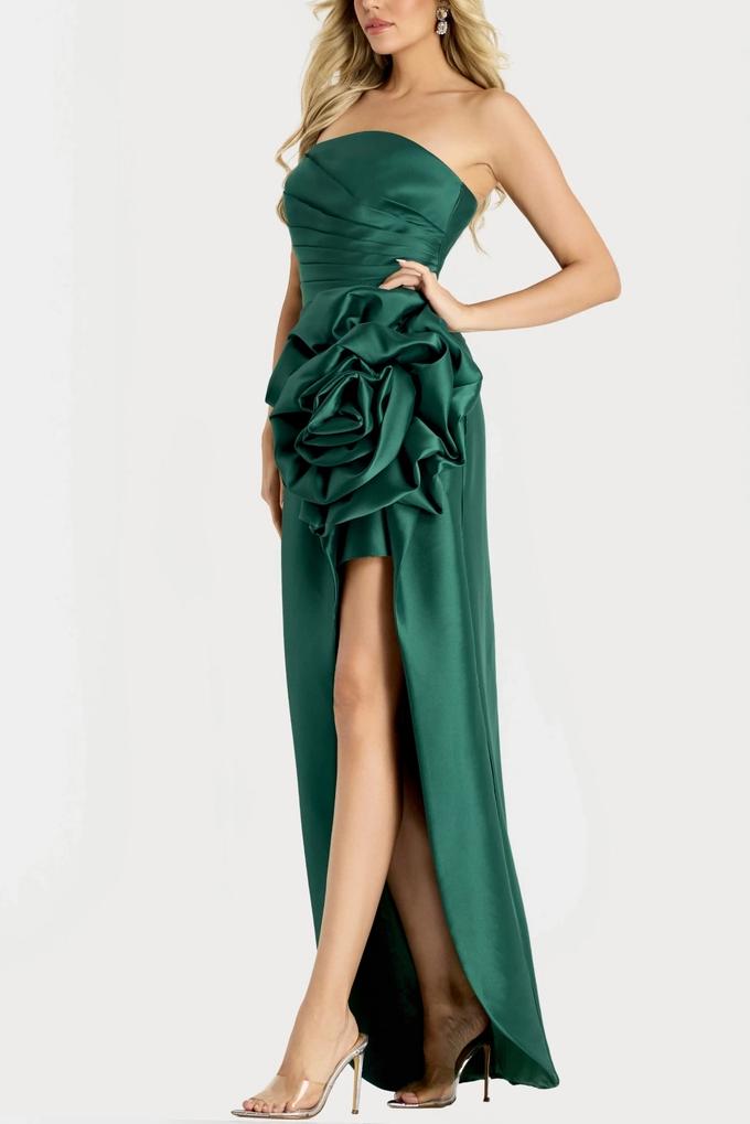 Glam Satin Sheath Strapless 3D Floral High Low Slit Formal Evening Dress