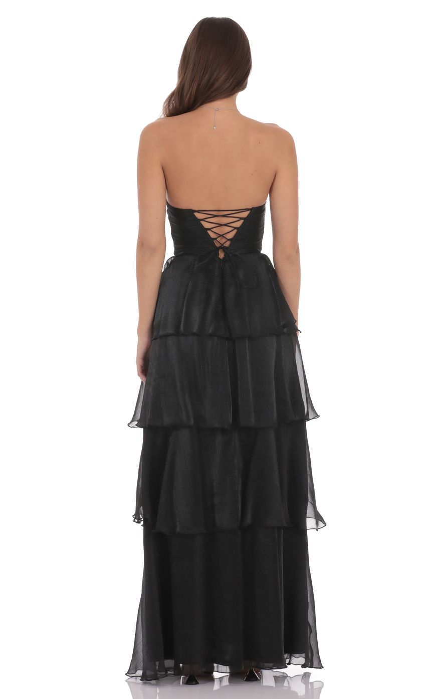 Glamorous Black Strapless Tiered Ruffled Chiffon Lace-up Back Floor-length Evening Dresses
