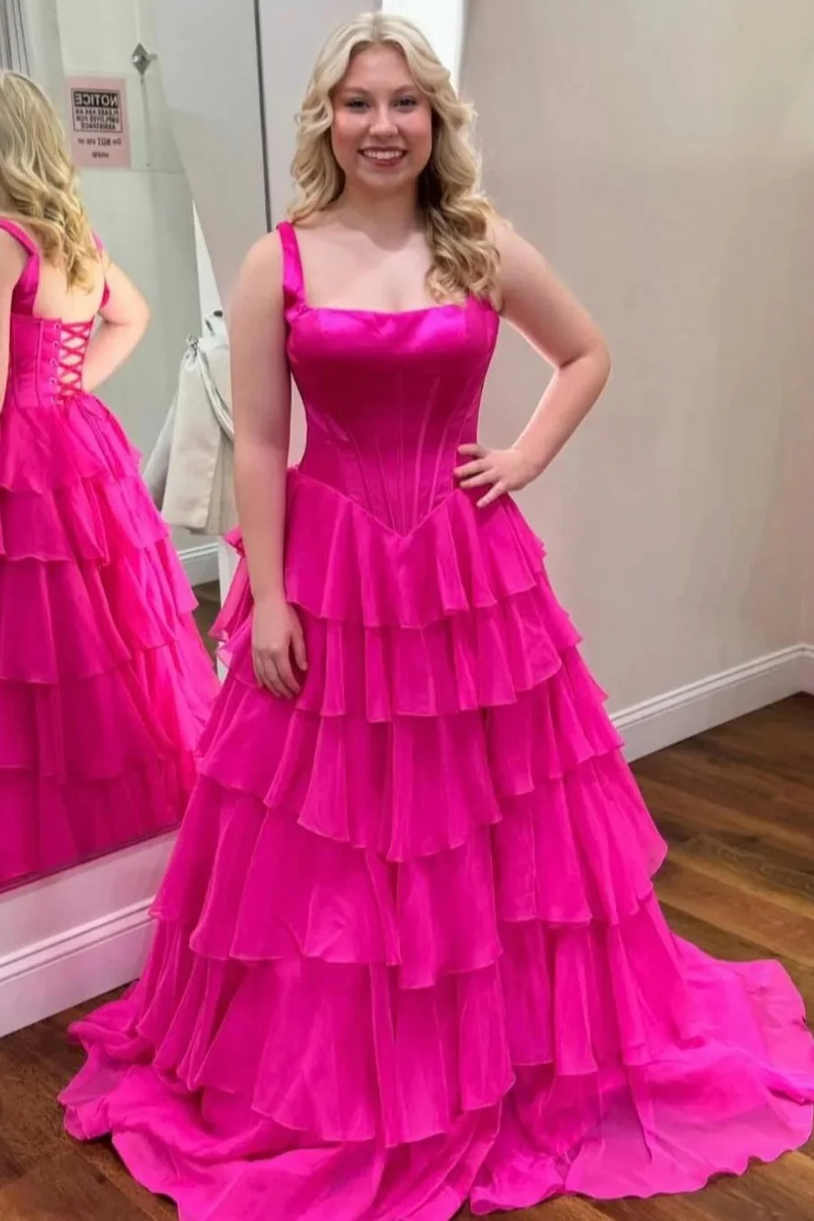Glamorous Corset Bodice Tiered Ruffle Prom Dress with Square Neck and Lace-Up Back