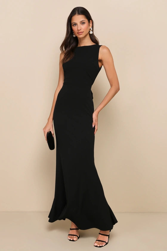 Glamorous Crepe Evening Dresses with Boat Neckline, Open Back Bow Detail and Ruffled Mermaid Skirt Formal Gown