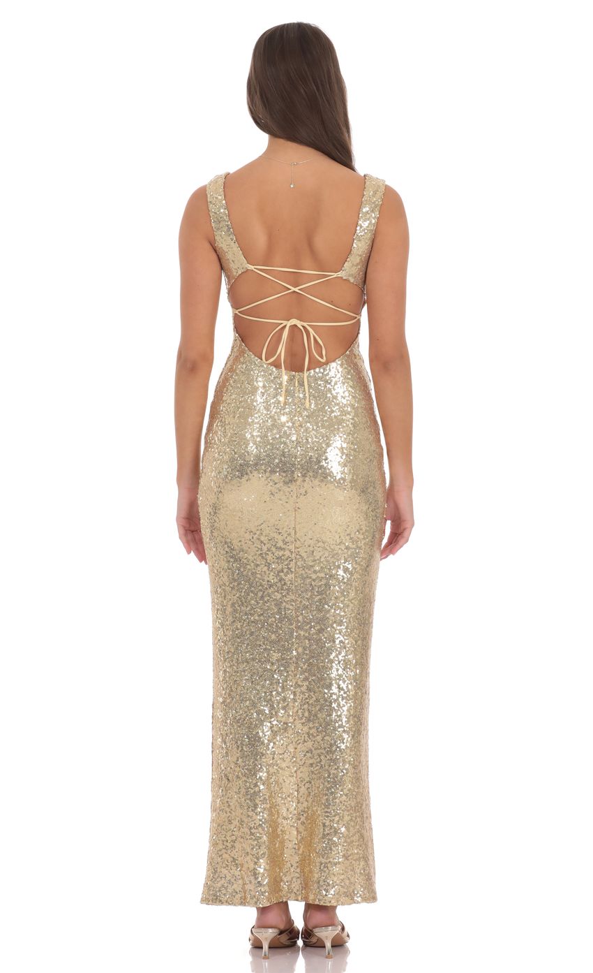 Glamorous Gold Sequin Square Neck Lace-up Back Open Back Floor-length Evening Dresses