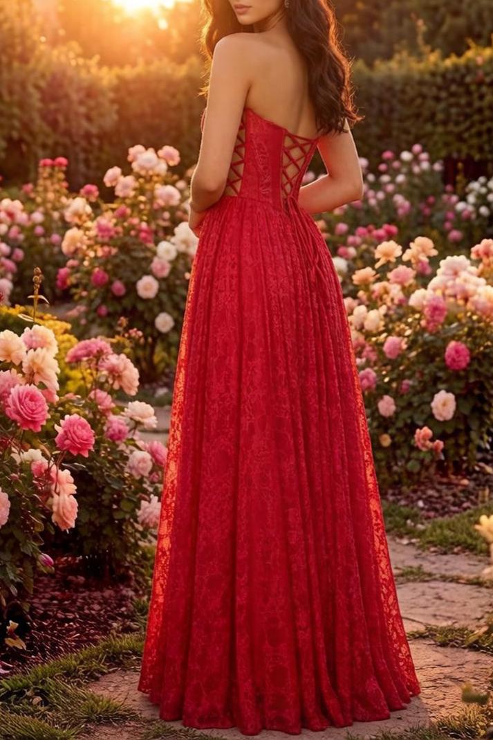 Glamorous Lace Flowy Sweetheart Neck Strapless Lace-Up Back Floor-Length Evening Dress with Plunge Detail for Formal Events