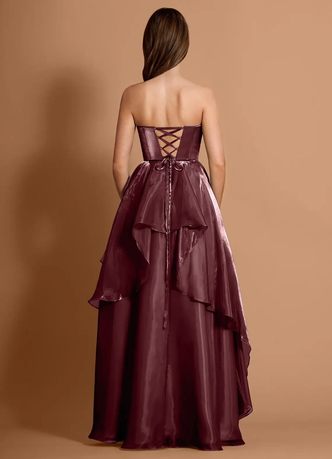 Glamorous Metallic Satin Convertible Strapless Ruched Bodice Ruffled High Slit Lace-Up Back Prom Dress