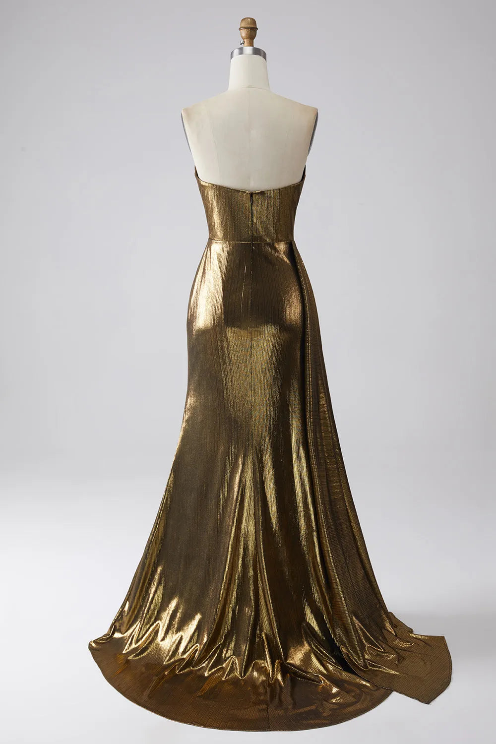 Glamorous Metallic Satin Mermaid Strapless Ruched Detail Sleeveless Zipper Back Floor-Length Formal Evening Dresses