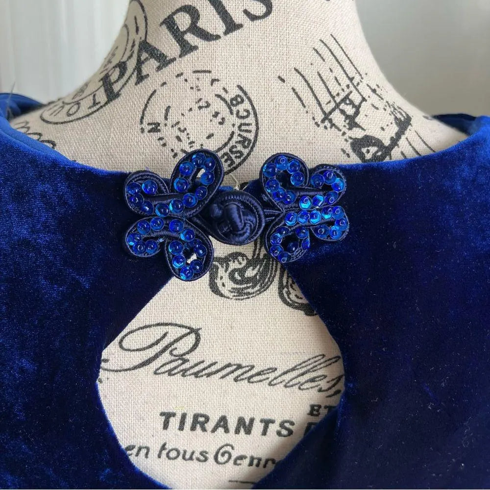 Glamorous Royal Blue Velvet Evening Dress with Cutout Back and Beaded Floral Appliqués