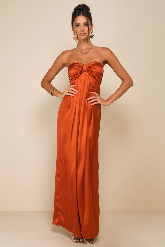 Glamorous Satin Evening Dresses with Strapless Neckline, Ruched Bodice and Flowing Skirt Formal Gown