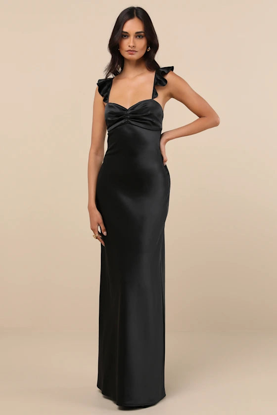 Glamorous Satin Evening Dresses with Sweetheart Neckline, Ruffle Straps and Lace-Up Back Formal Gown