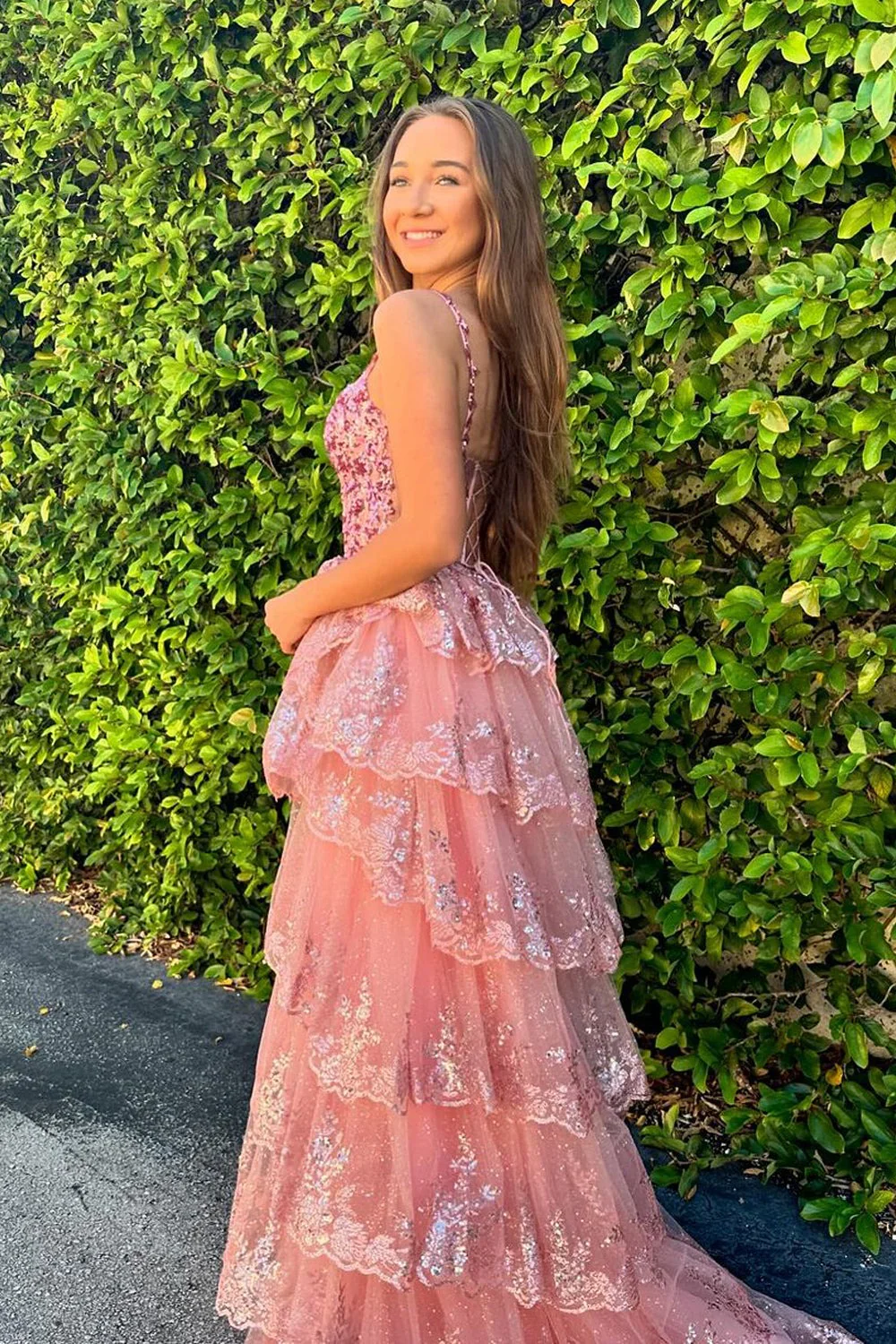 Glamorous Sequin Tulle Prom Dress with Tiered Ruffle Skirt and Lace-Up Back