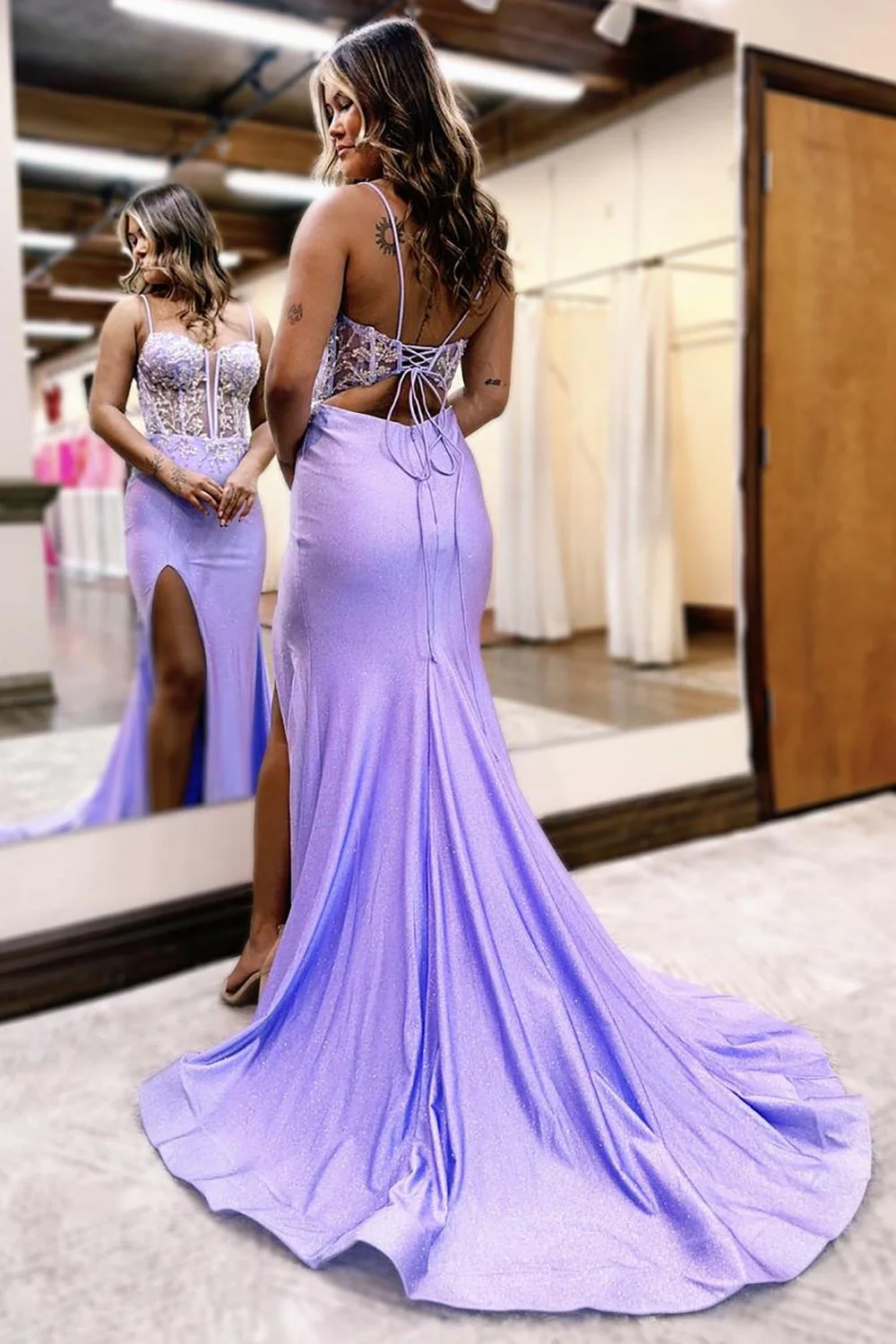 Glamorous Spaghetti Strap Sweetheart Neck Beaded Lace Corset Glitter Mermaid High Slit Train Prom Dress