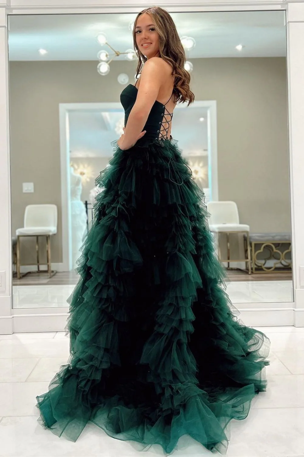 Glamorous Spaghetti Strap Sweetheart Neck Corset Bodice Tiered Tulle High Slit Train Prom Dress
