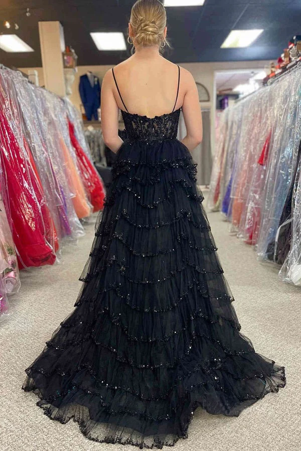 Glamorous Spaghetti Strap Tiered Tulle Prom Dress with Sequin Lace and High Slit