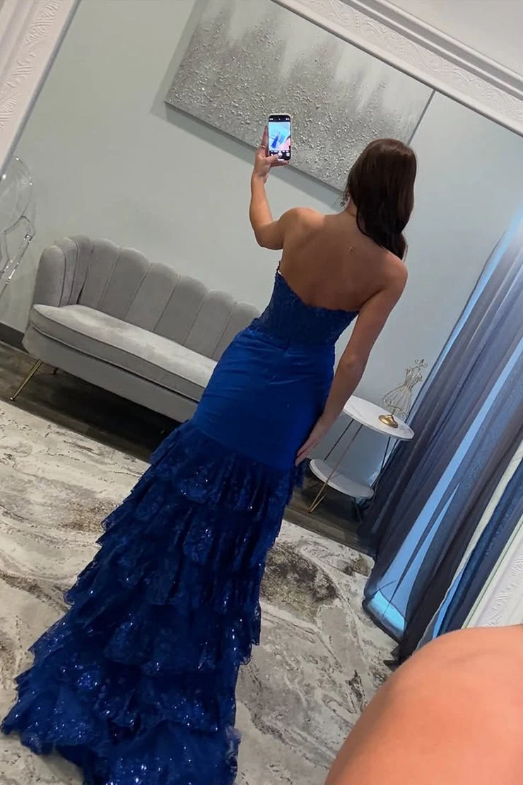 Glamorous Strapless Mermaid Prom Dress with Sequin Lace and High Slit