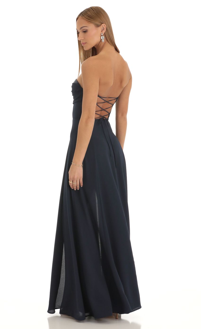 Glamorous Strapless Navy Blue Chiffon Evening Dress with Sequin Accent & Lace-Up Back Double Slit