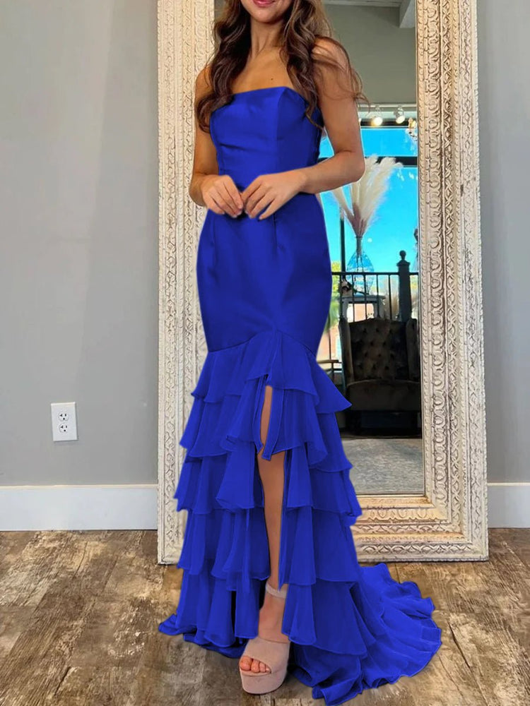 Glamorous Strapless Satin Mermaid Evening Dress with Ruffled Chiffon Skirt High Slit & Lace-Up Back