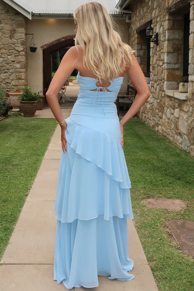 Glamorous Strapless Sweetheart Cut-Out Tiered Ruffle Chiffon Maxi Evening Dress