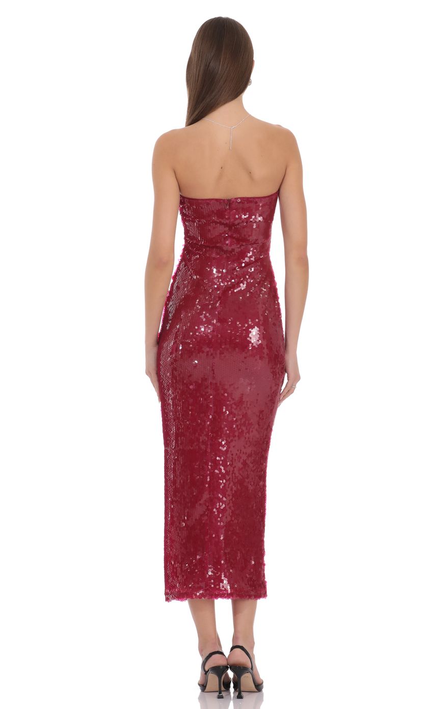 Glamorous Burgundy Strapless Sequin Embellished Mesh Bodycon Midi Evening Dresses