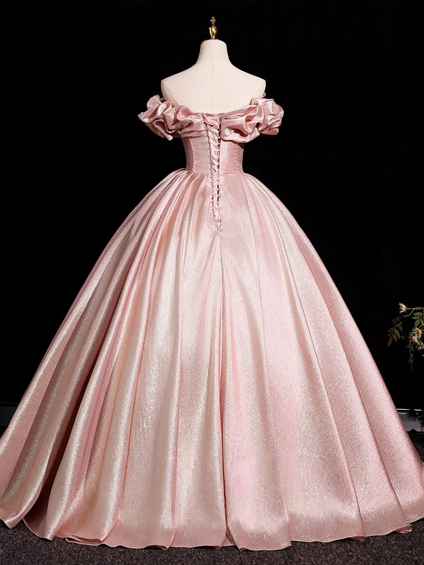 Glamour Shimmer Ball Gown Off-the-Shoulder Ruffled Sleeve Corset Floor-Length Prom Dress