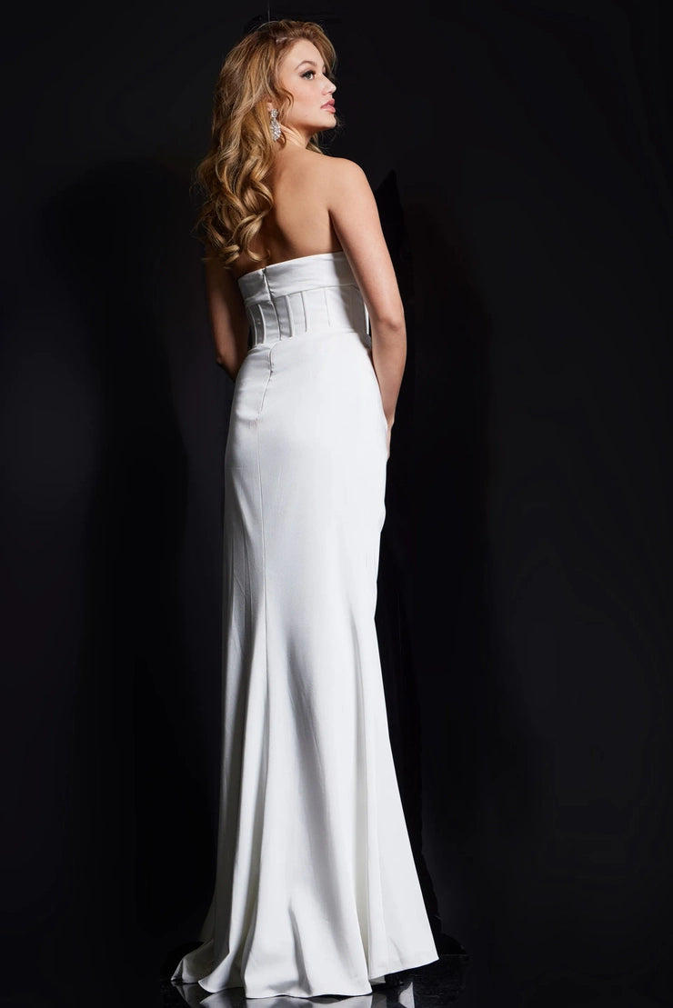 Glam white satin evening dress with strapless deep V-neck, corset bodice, high slit, and A-line skirt with train