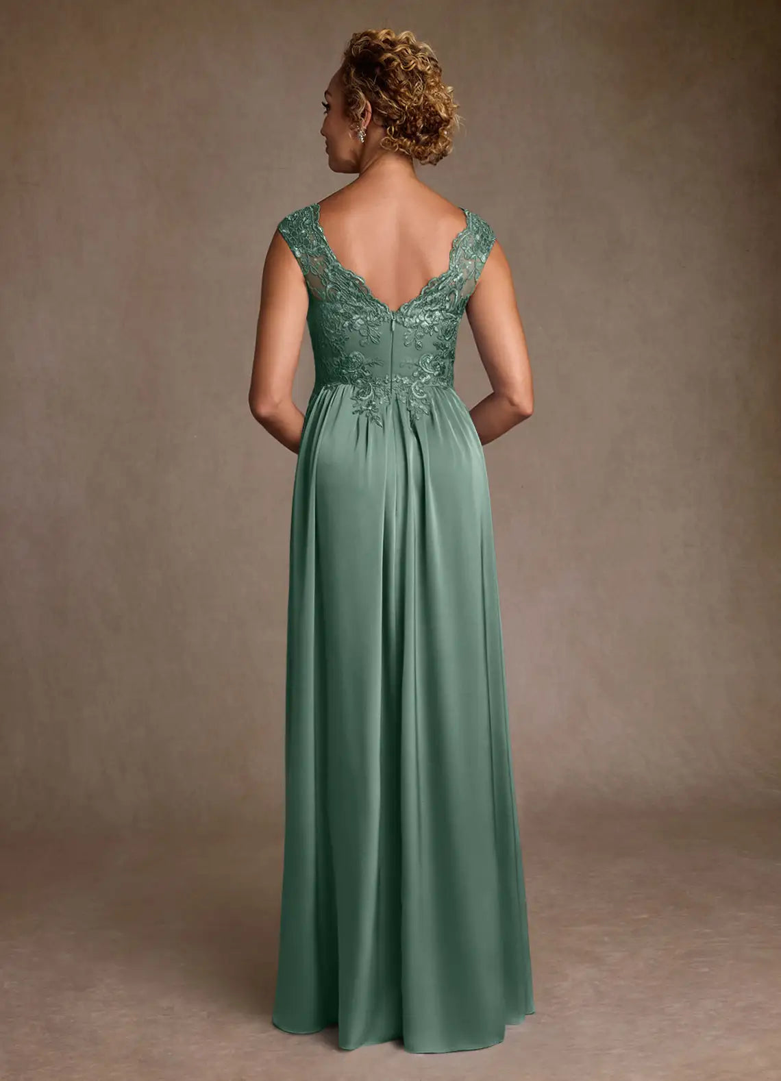 Graceful A-Line V-Neck Cap Sleeve Lace Floor Length Mother of the Bride Dress
