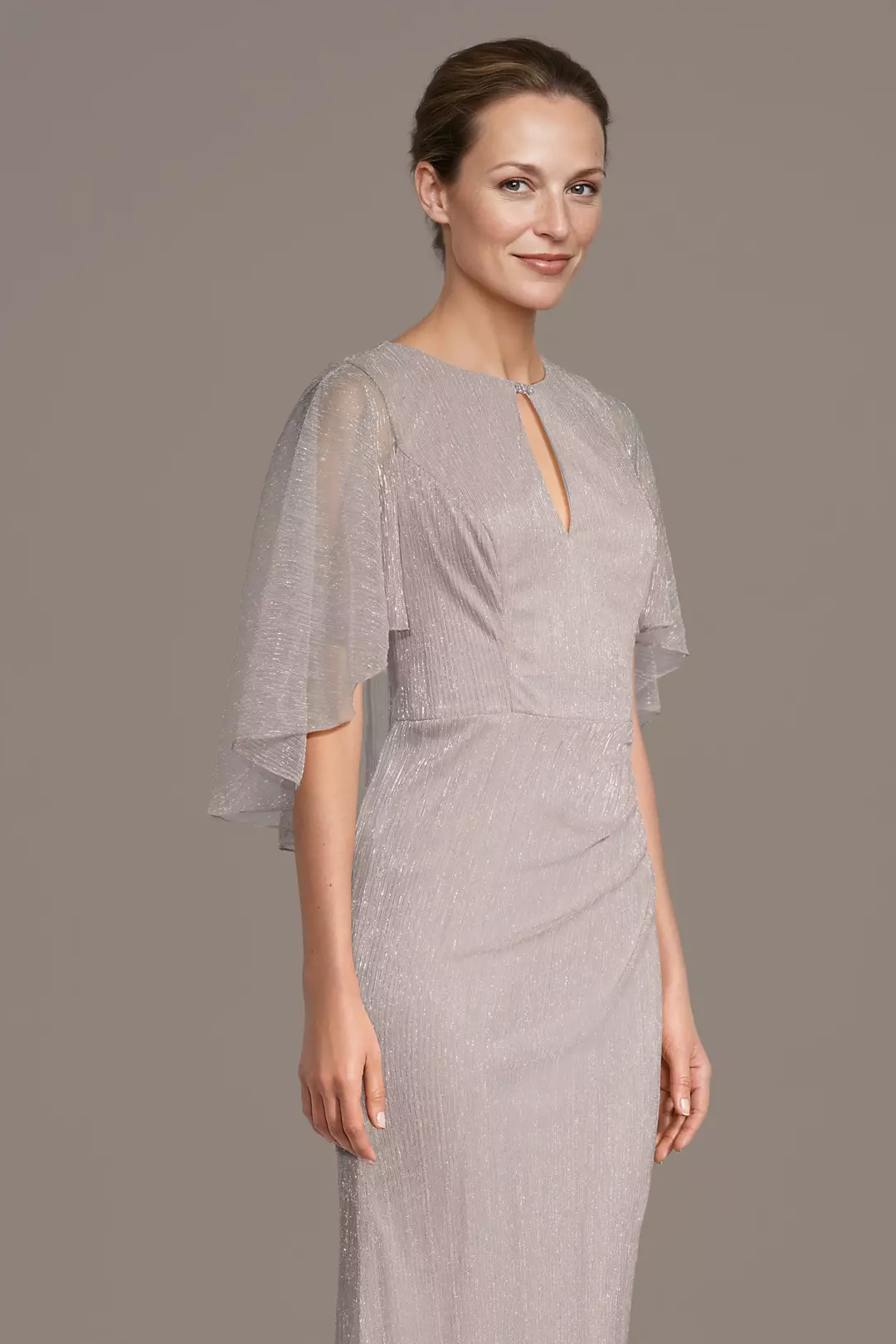 Graceful Round Neck Mother of the Bride Dress with Sheer Cape Sleeve and Shimmering Fabric