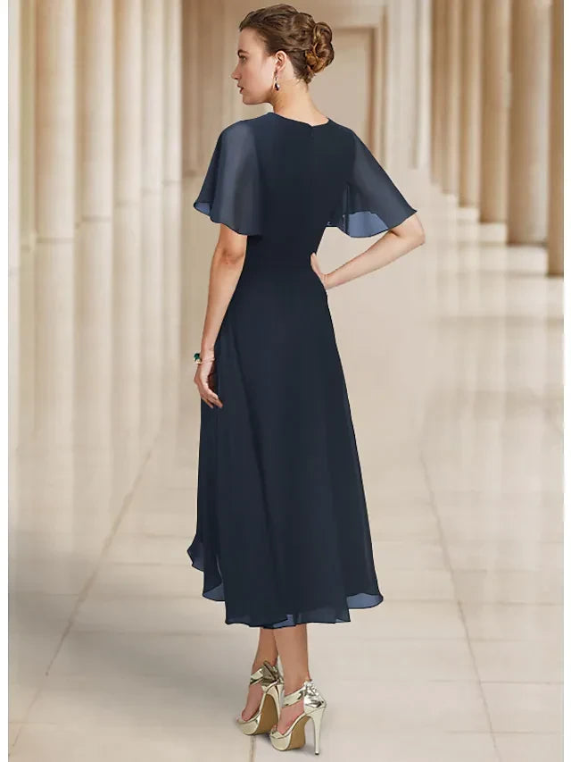 Graceful Chiffon A-Line Round Neck Flutter Sleeve Zipper Back Asymmetrical Midi Mother of the Bride Dresses