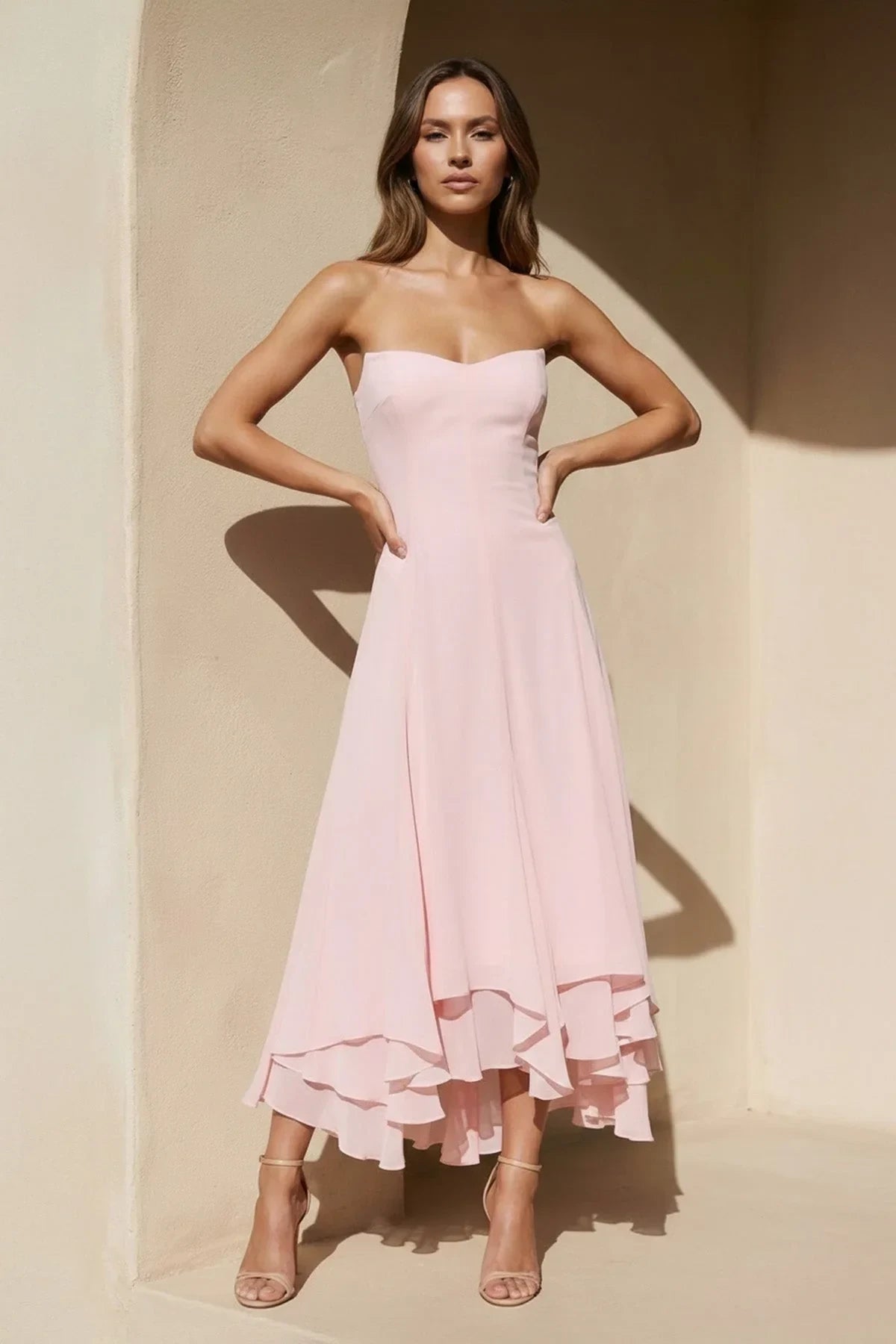 Graceful Chiffon A-Line Strapless Sweetheart Zipper Back High-Low Evening Dresses