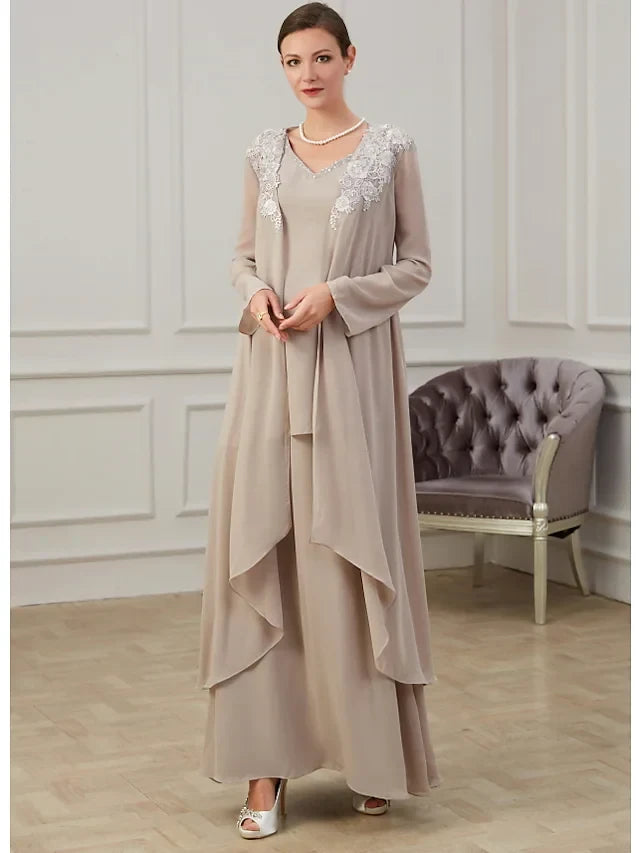 Graceful Chiffon A-Line V-Neck Long Sleeve Closed Back Floor-Length Mother of the Bride Dresses