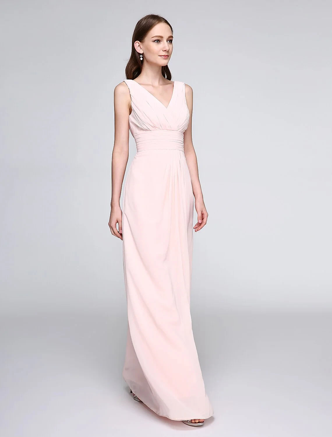 Graceful Chiffon A-Line V-Neck Sleeveless Pleated Low V-Back Floor-Length Bridesmaid Dresses