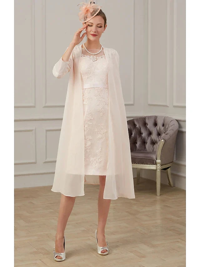 Graceful Lace Two Piece Sheath Round Neck Sleeveless Knee-Length Mother of the Bride Dresses