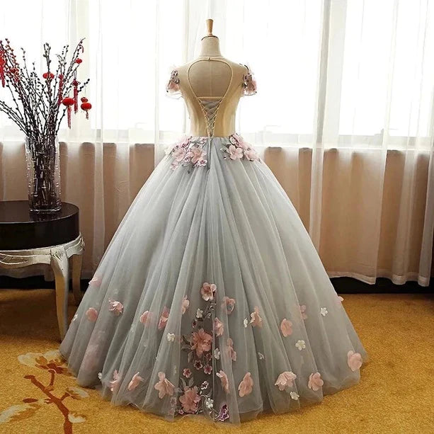 Grey Ball Gown 3D Flowers Princess Party Gown, Sweet Formal Dress Grey Formal Dress