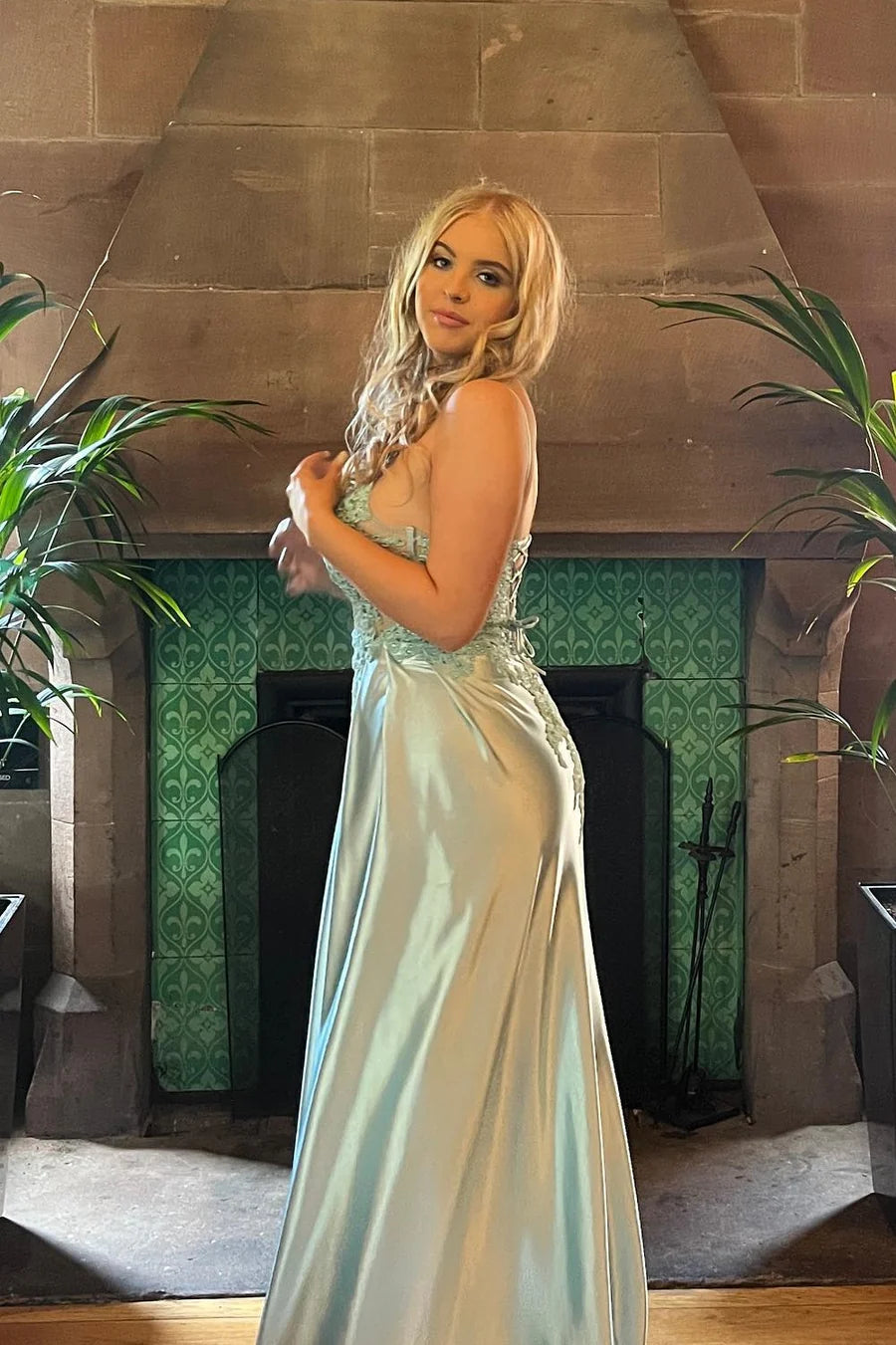 Lace & Satin Mermaid Sweetheart Corset Lace-Up Back Slit Floor Length Prom Dress