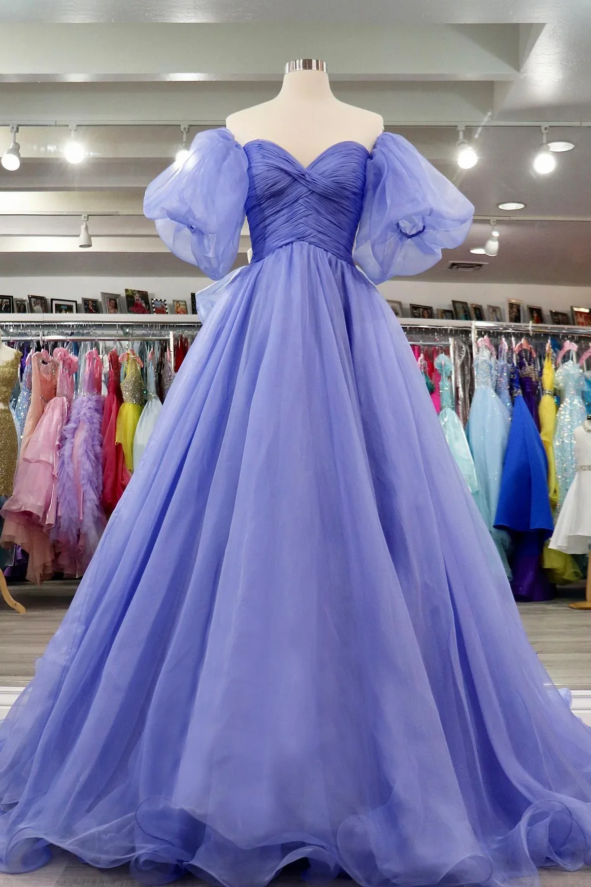 Lavender Tulle Off-the-Shoulder Puff Sleeve A-Line Prom Dress with Ruched Bodice
