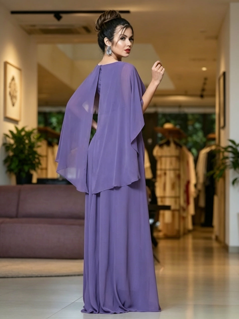Lavender chiffon deep V cape sleeve tied waist open back floor length formal prom dress
