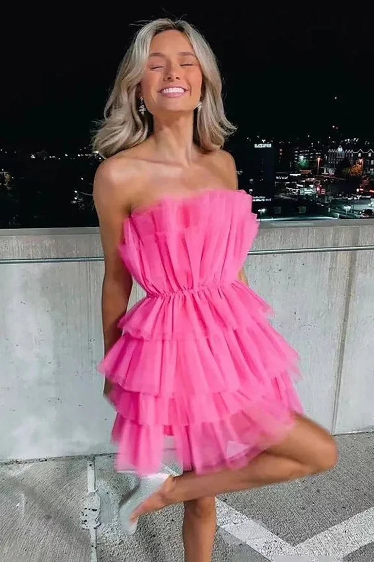 Layered ruffle tulle skater strapless solid zip back short mini formal homecoming dress
